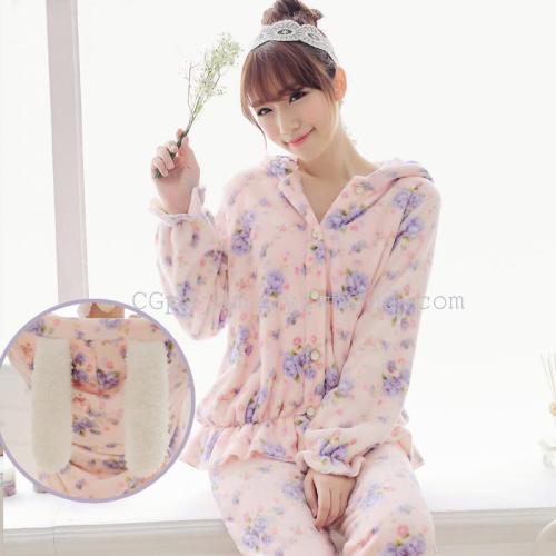 autumn and winter flannel pajamas women‘s thickened cute rabbit hooded cardigan floral homewear