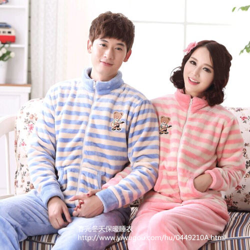 autumn and winter coral fleece couple pajamas thickened flannel women‘s stripes set home clothes