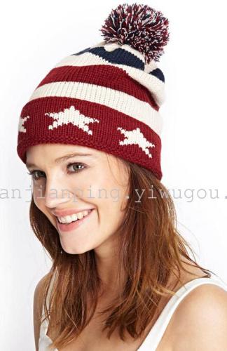 winter women‘s korean-style trendy star knitted wool hat warm ear protection national flag hat