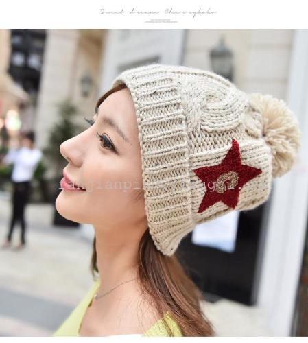 Foreign Trade Export Winter Style Affixed Cloth Embroidered Five-Star Knitted Jacquard Ball Leisure Girl‘s Cap Customized Wholesale