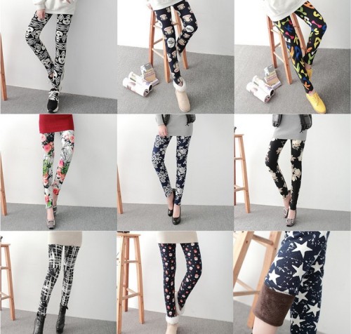 large size fleece-lined thickened ink color star graffiti personalized leggings for women in winter
