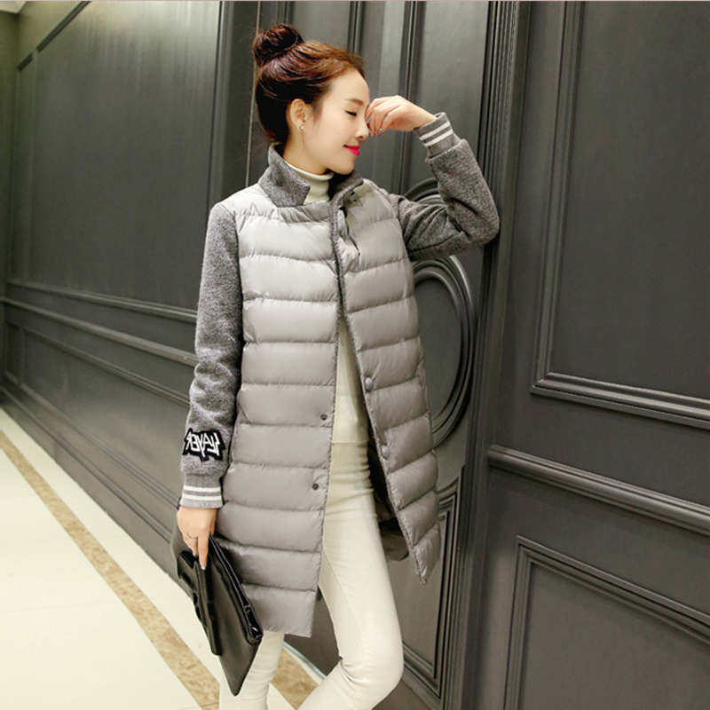 韩版女中长款棉衣外套显瘦大码拼接毛呢羽绒棉服