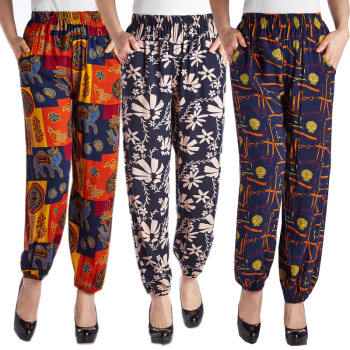 中老年女夏季裤子薄款人造棉女裤棉绸花色裤子