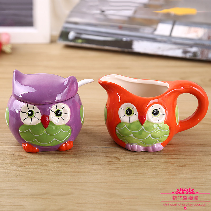 外贸猫头鹰手绘浮雕陶瓷调味罐