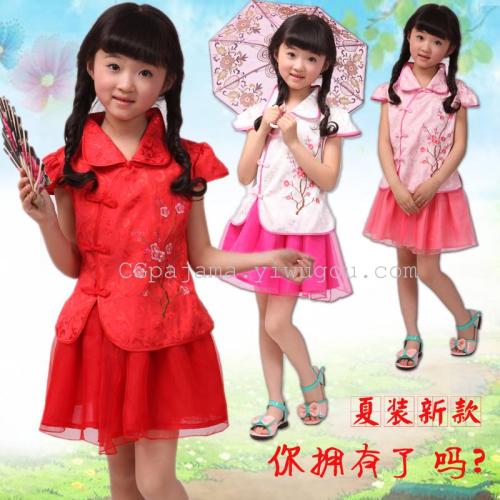 Spring and Summer New Girls‘ Tang Costumes Summer Princess Tulle Skirt Suit Children‘s Clothing Summer Cheongsam Short Dress