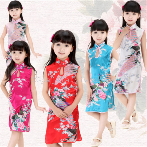 children‘s tang suit children‘s performance cheongsam dress girl‘s silk-like peacock small cheongsam