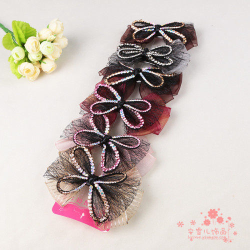 Hair Accessories Korea Crystal Rhinestone Barrettes Silk Yarn Bow Headdress Head Clip Horizontal Clip