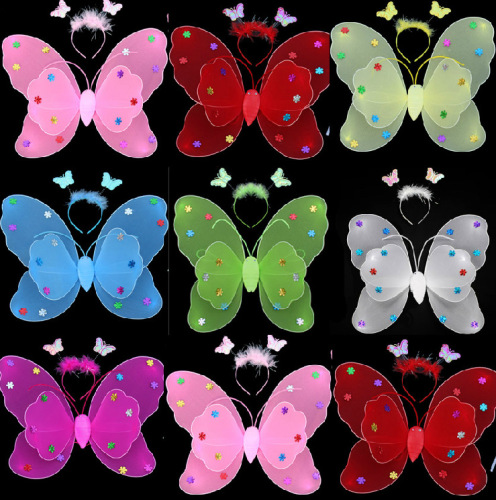 Hot Sale New Colorful Sequins Double-Layer Butterfly Wings Three-Piece Set Butterfly Wings Six-One Dress up
