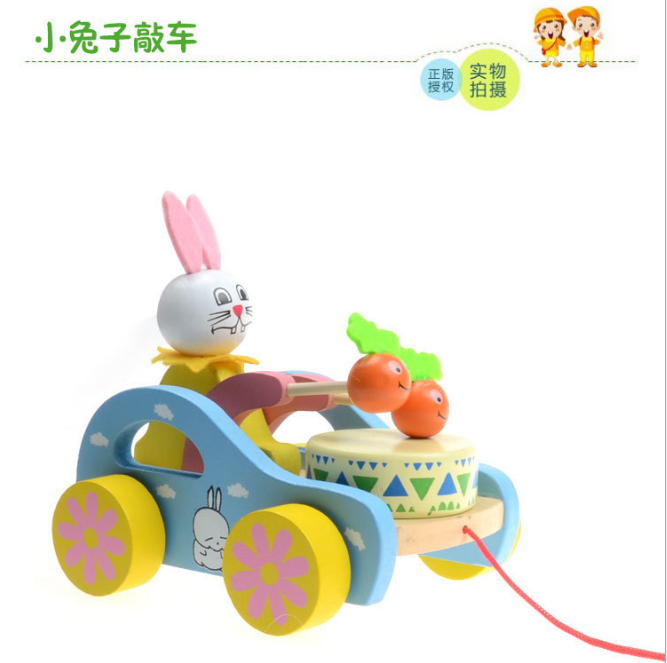 创意新品玩具 木制早教益智儿童小白兔敲打鼓拖拉车 学步教具