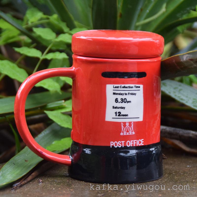 复古邮政筒水杯 英伦风陶瓷杯 带盖陶瓷杯