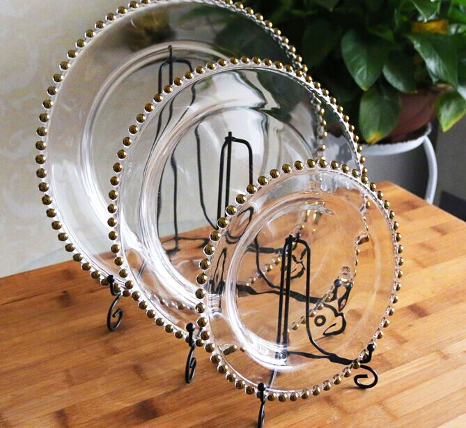 玻璃盘金边银边圆形玻璃盘 电镀金色圆珠