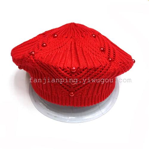 new five-leaf flower handmade pearl jacquard knitted beret girl‘s cap