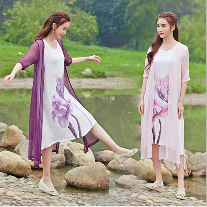 印花棉麻假二件连衣裙