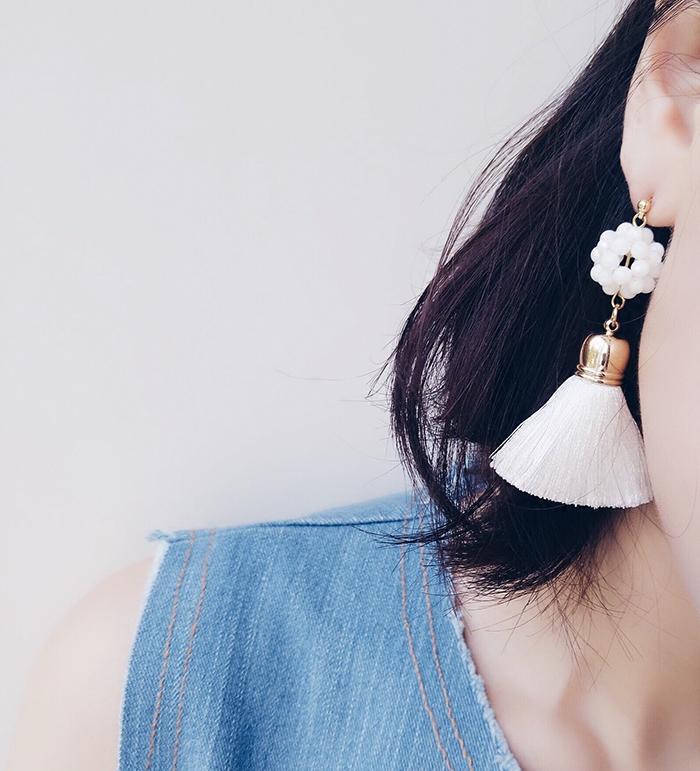 韩国新款珍珠圆球白色流苏长款耳环 耳钉耳钉