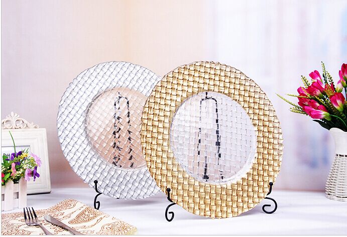 彩色玻璃盘子刻花西餐主盘 欧式婚庆酒店主桌装饰餐碟 盘子