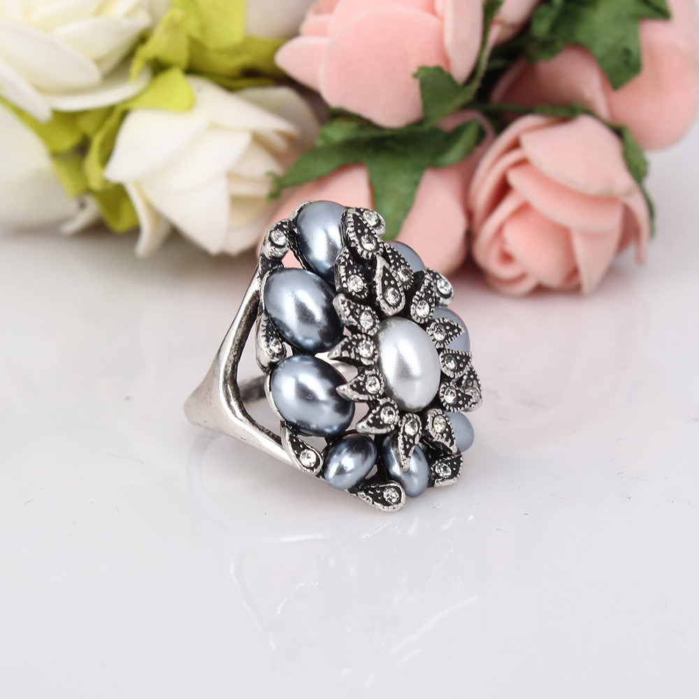 欧美时尚饰品 复古带钻镶灰色珍珠戒指