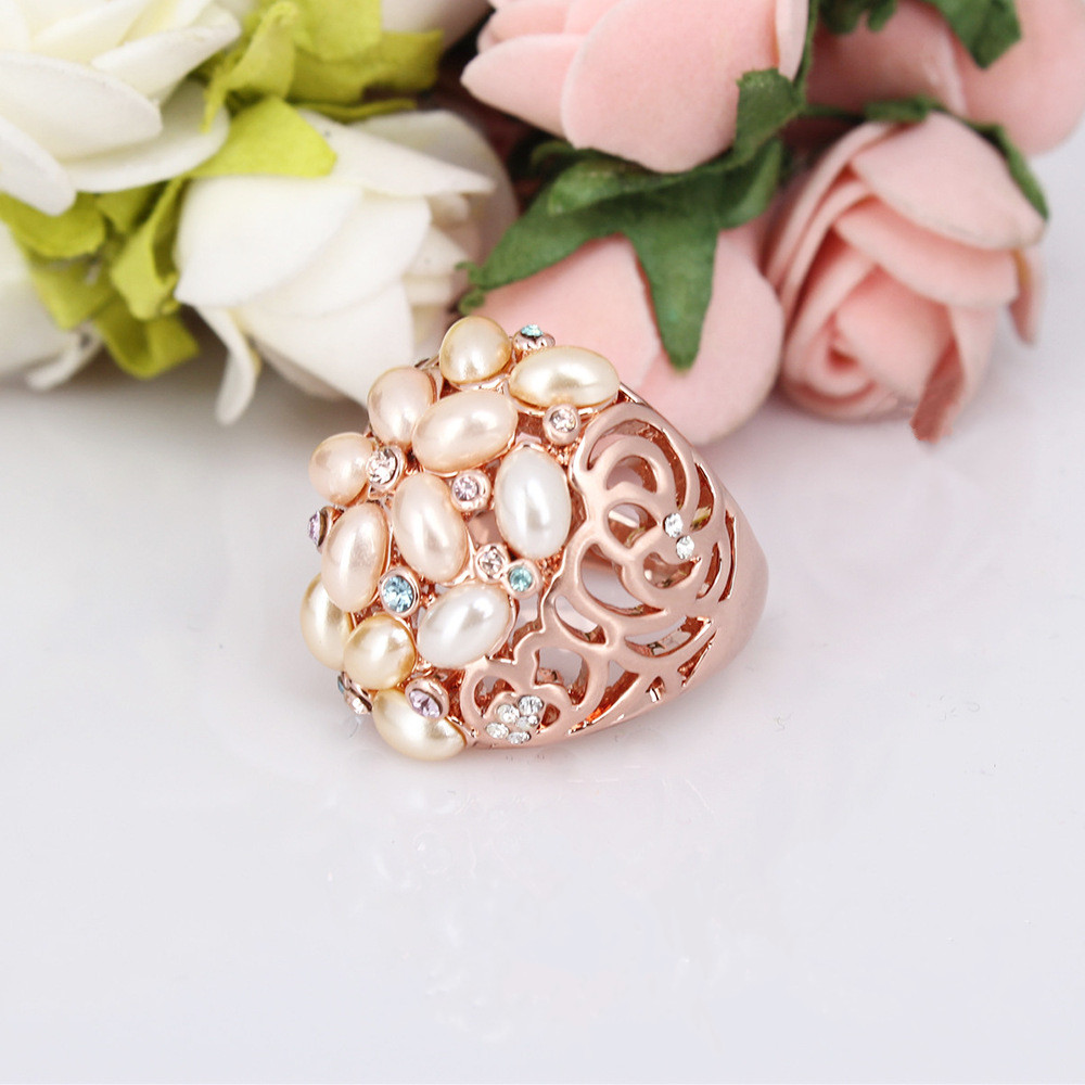 天禾饰品 玫瑰金欧美时尚夸张大气合金镶钻珍珠戒指