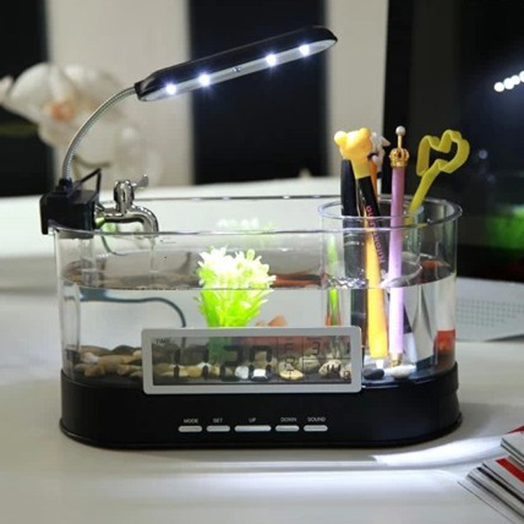 迷你小型鱼缸水族箱 观赏生态USB鱼缸 万年历笔筒