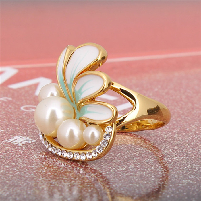 欧美18K金时尚简约珍珠镶钻滴油花瓣合金戒指