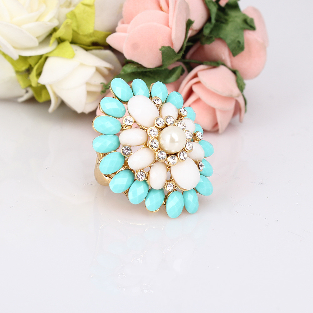 18K金欧美时尚夸张珍珠镶钻绿松石戒指