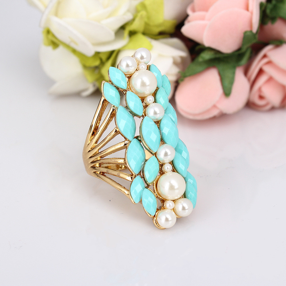 18K金欧美时尚个性镶珍珠绿松石戒指