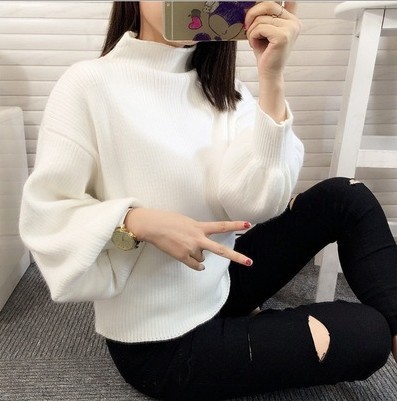 autumn new pure color half turtleneck lantern sleeve slimming sweater batwing pullover women
