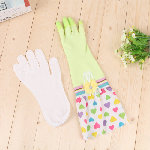 flower sleeve fleece-lined latex household gloves lengthened dishwashing rubber laundry gloves