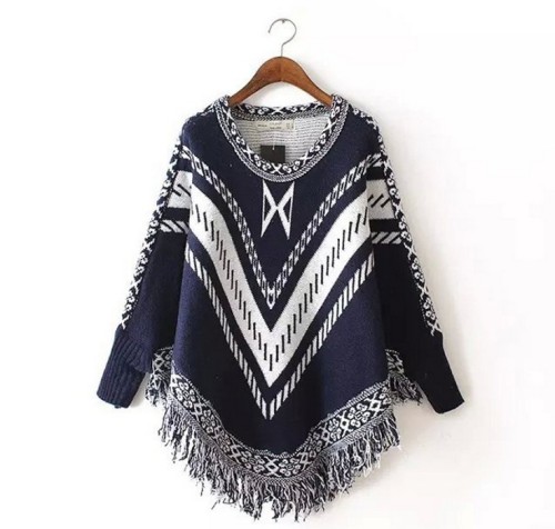 new european and american style tassel pullover shawl batwing sleeve round neck knitted cape sweater