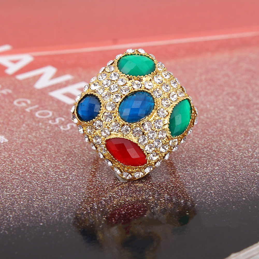 热销欧美高档镀金镶钻戒指 玻璃树脂戒