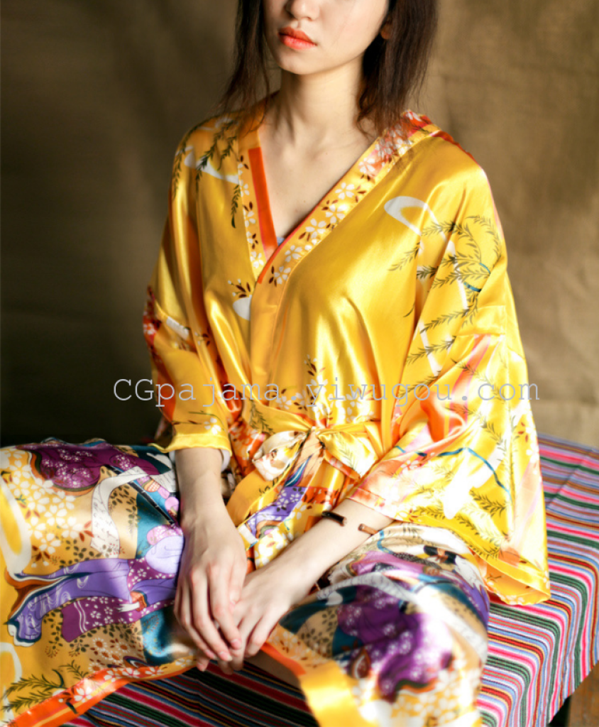 美女袍夏季睡衣仿真丝绸印花睡袍日式开衫和服浴袍