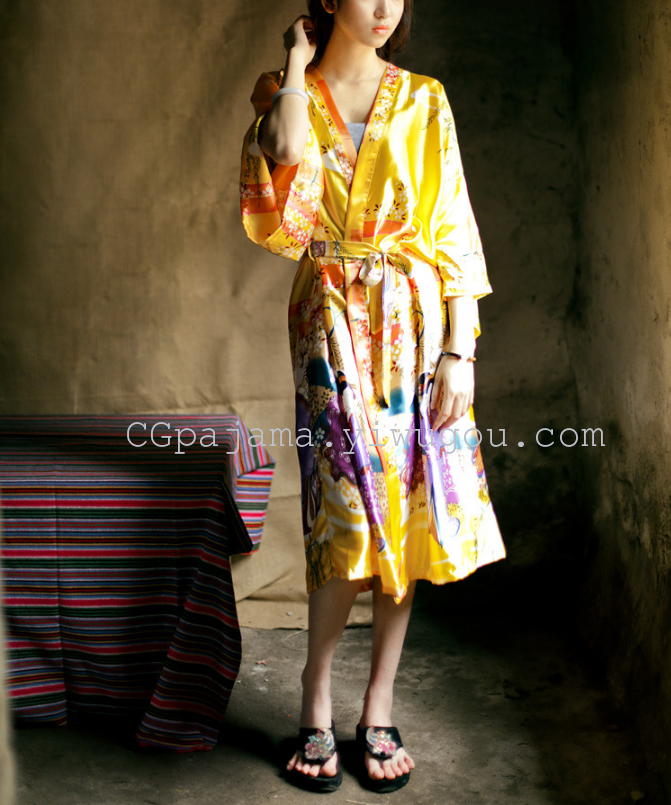 女袍夏季睡衣仿真丝绸印花睡袍日式开衫和服浴