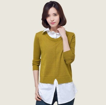 新款女装宽松衬衫领套头假两件外套毛衣女针织