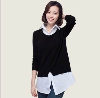 新款女装宽松衬衫领套头假两件外套毛衣女针织