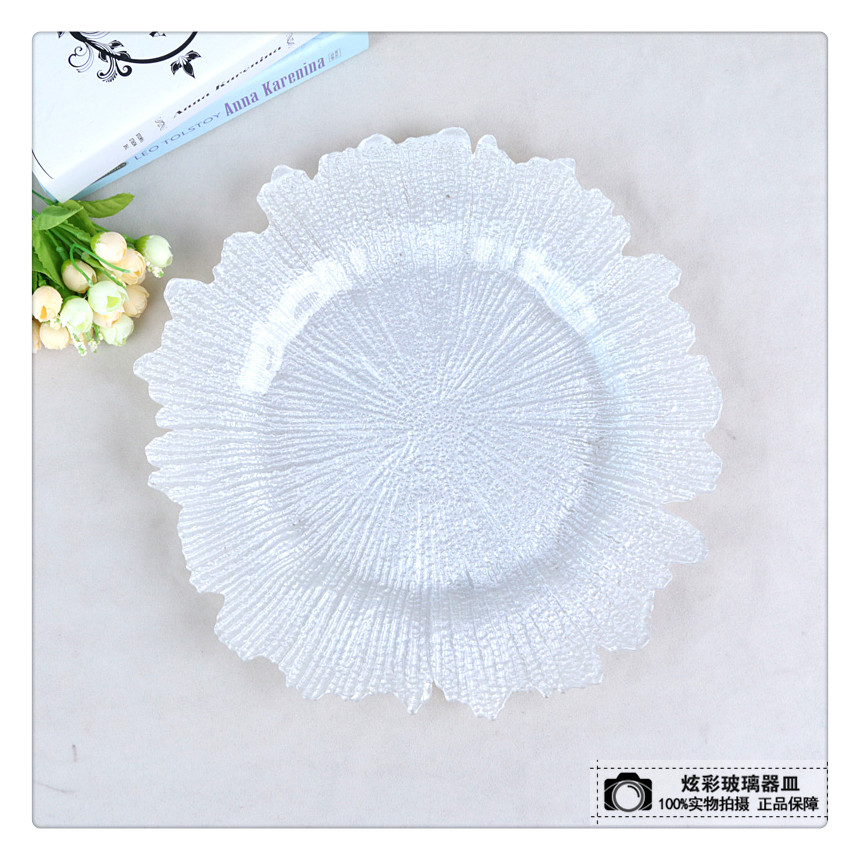 厂家热销批发秋叶纹电镀玻璃餐盘 水果盘 牛排垫盘