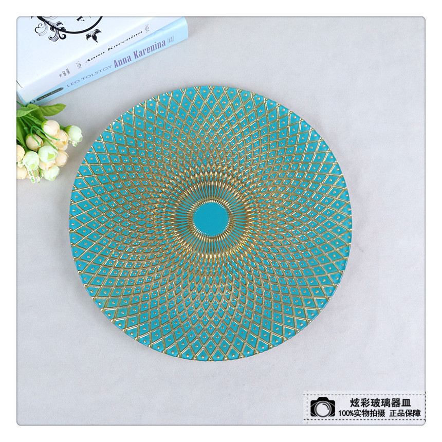 圆盘家用菜盘子深盘套装新款餐盘 玻璃盘子 彩色电镀果盘