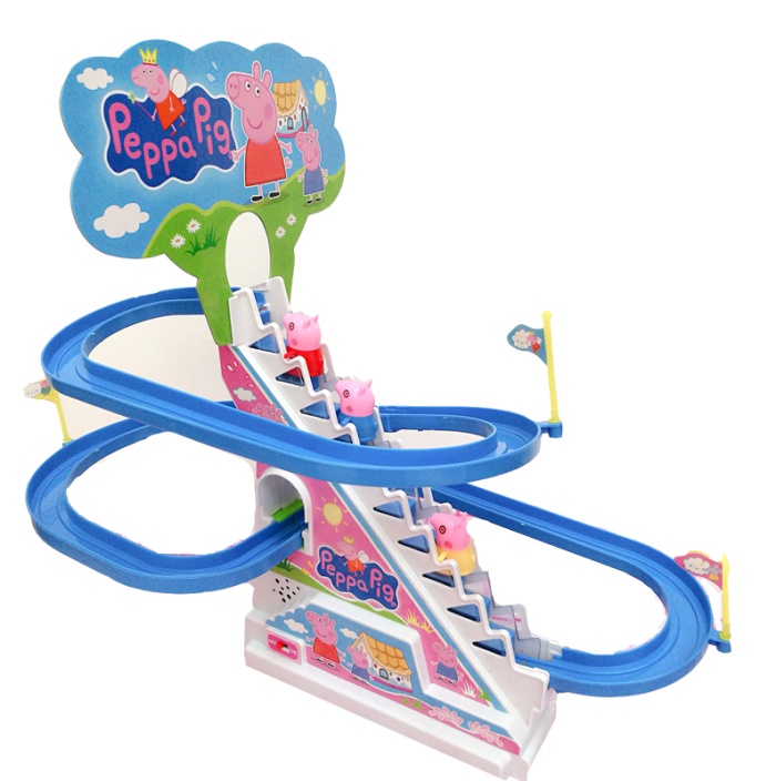 小猪佩琪爬上楼梯轨道车滑滑梯电动拼装玩具粉