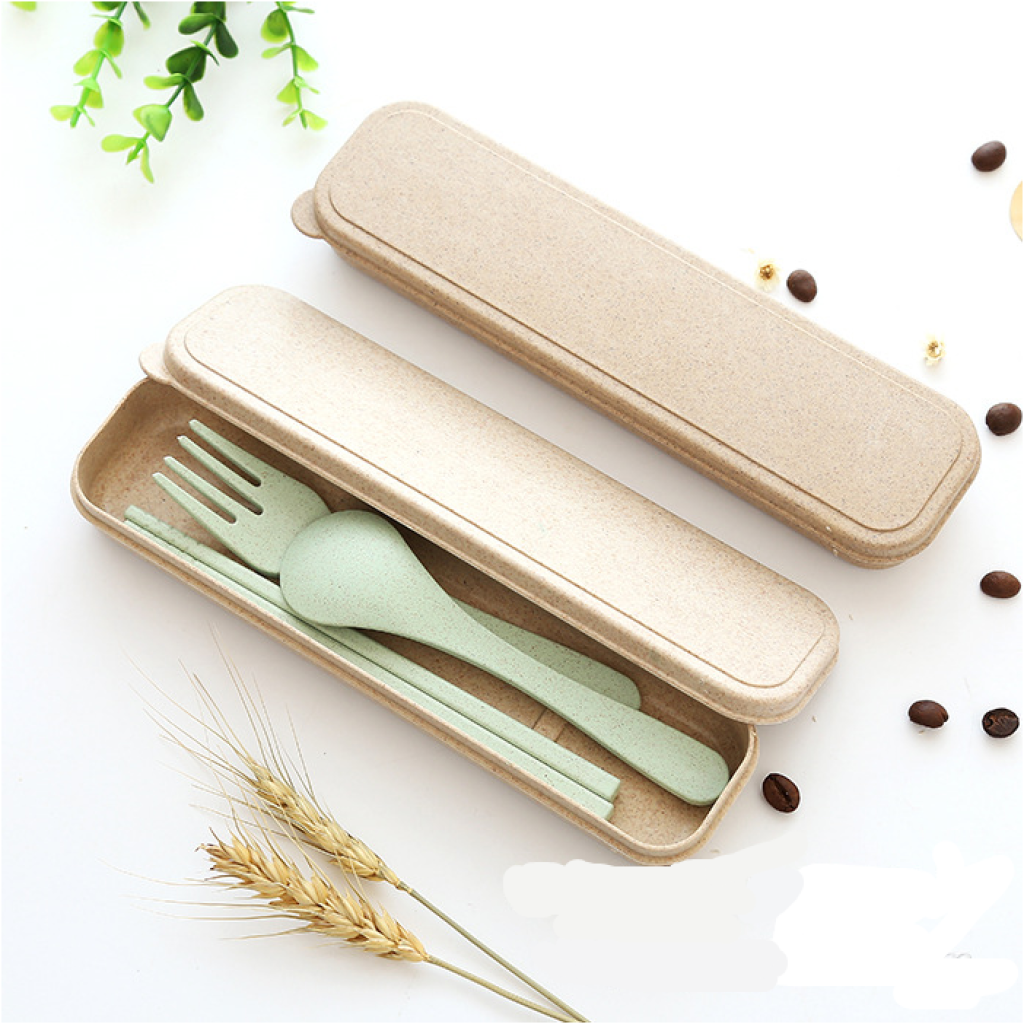 小麦秸秆叉子勺子三件套家用餐具套装便携旅行筷子盒学生汤勺