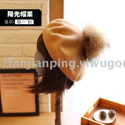 women‘s wool knitted fur ball fashion beret