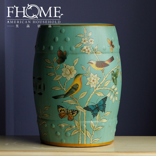 American Country Retro Hand Painted Yellow Flower and Bird Ceramic Drum Stool Decoration Home Decorative Crafts