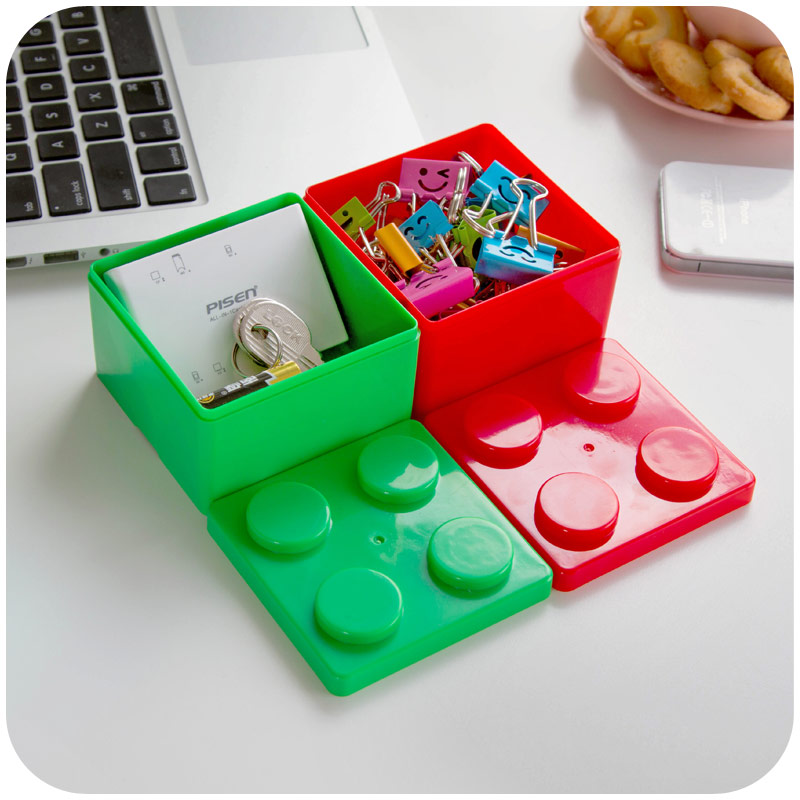 糖果色积木造型叠加收纳盒塑料桌面杂物储物盒办公文具收纳盒小号