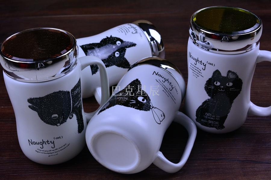 猫咪 马克杯镜面陶瓷杯子牛奶咖啡杯办公室水杯带盖