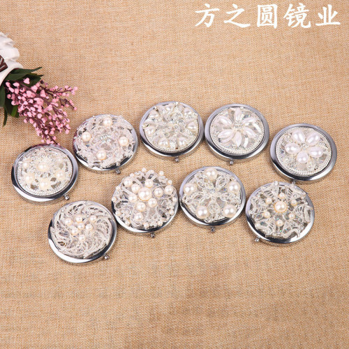 manufacturer diamond cosmetic mirror metal portable double-sided foldable small mirror customized dressing mirror