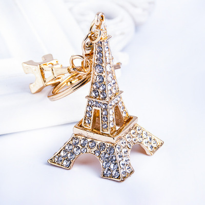 Exquisite Paris Eiffel Tower set with diamond metal car key chain matching gift bag and pendant accessories