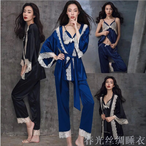 Silk-like Three-Piece Home Wear Lace Sexy Sling Women‘s Spring and Summer Pajamas Nightgown