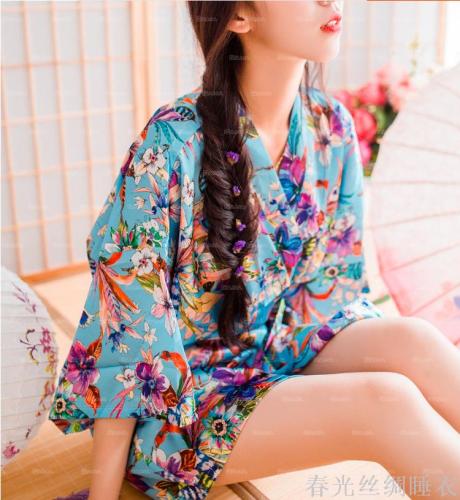 summer rainforest pajamas simulation silk printed nightgown japanese cardigan kimono bathrobe