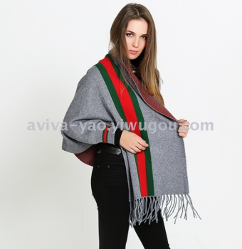 韩版秋冬条纹流苏带袖斗篷披肩女披肩外套双面