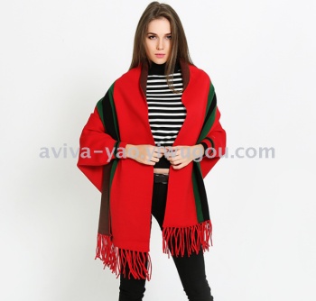 韩版秋冬条纹流苏带袖斗篷披肩女披肩外套双面