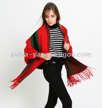 韩版秋冬条纹流苏带袖斗篷披肩女披肩外套双面