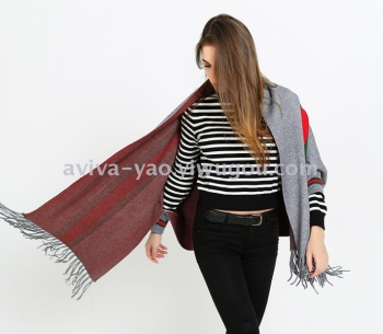 韩版秋冬条纹流苏带袖斗篷披肩女披肩外套双面