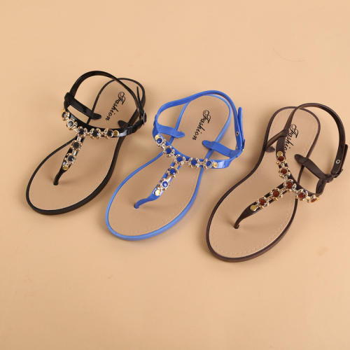 Spring/Summer Fashion Rhinestone Buckle Sandals Flat Open Toe Crystal Women‘s Shoes